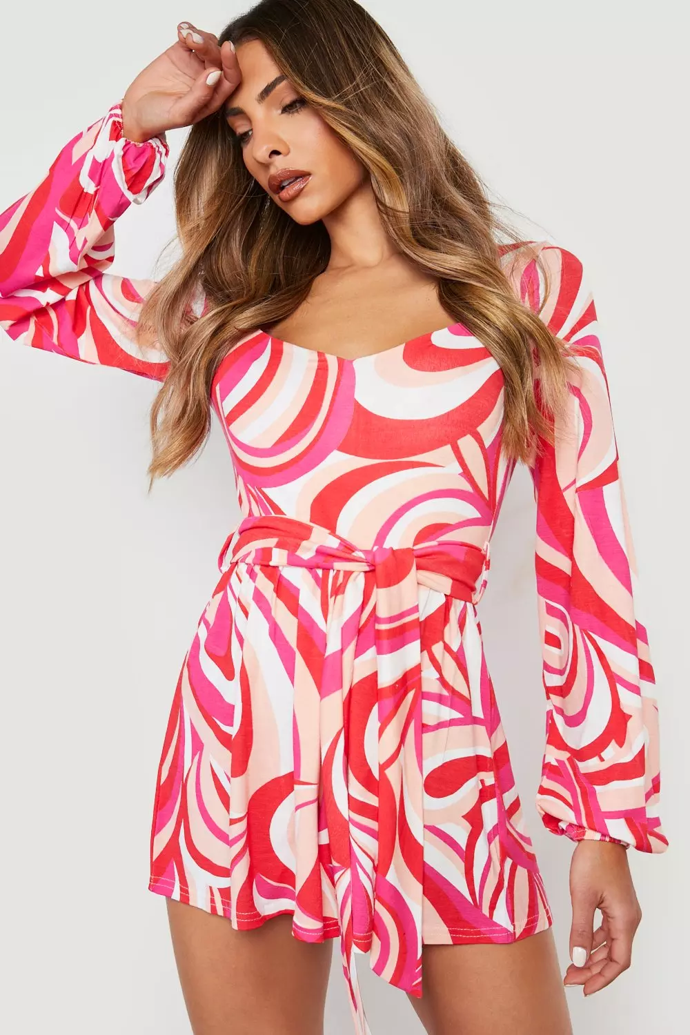 Red Abstract Print Volume Sleeve Playsuit alternative image