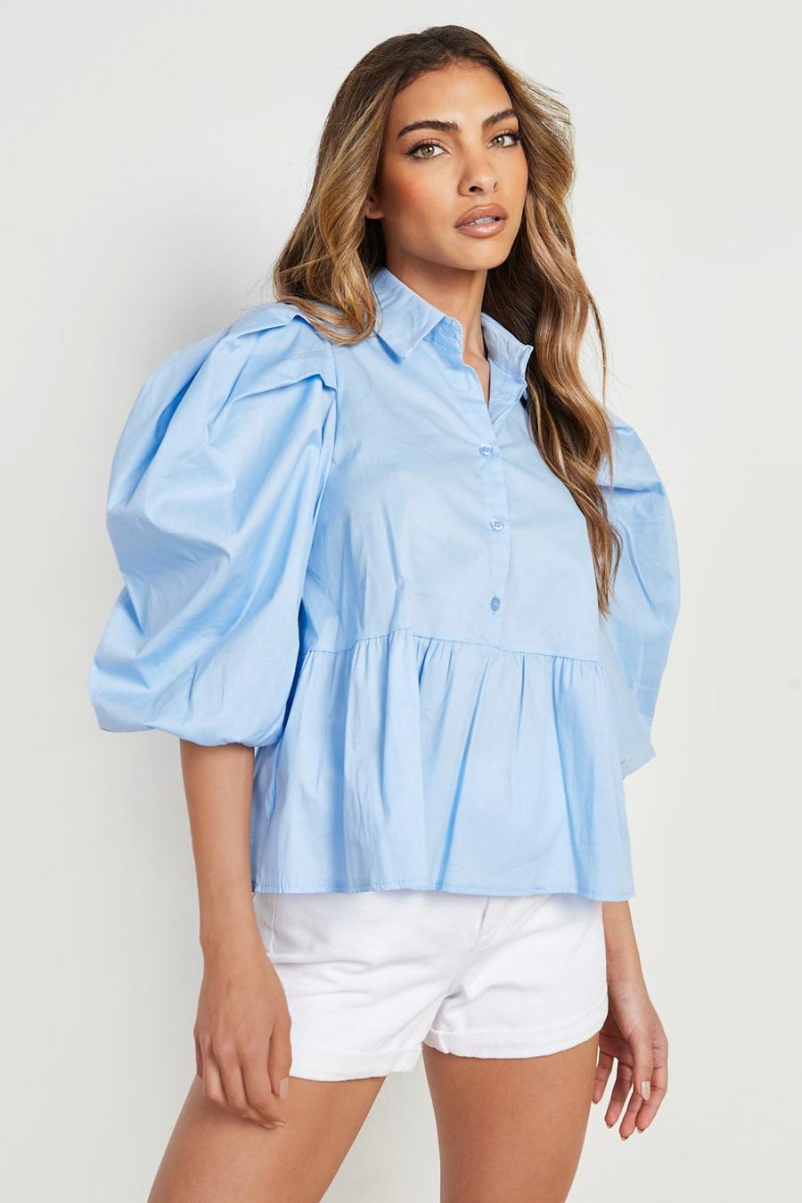 Blue Cotton Puff Sleeve Smock Shirt image number 1