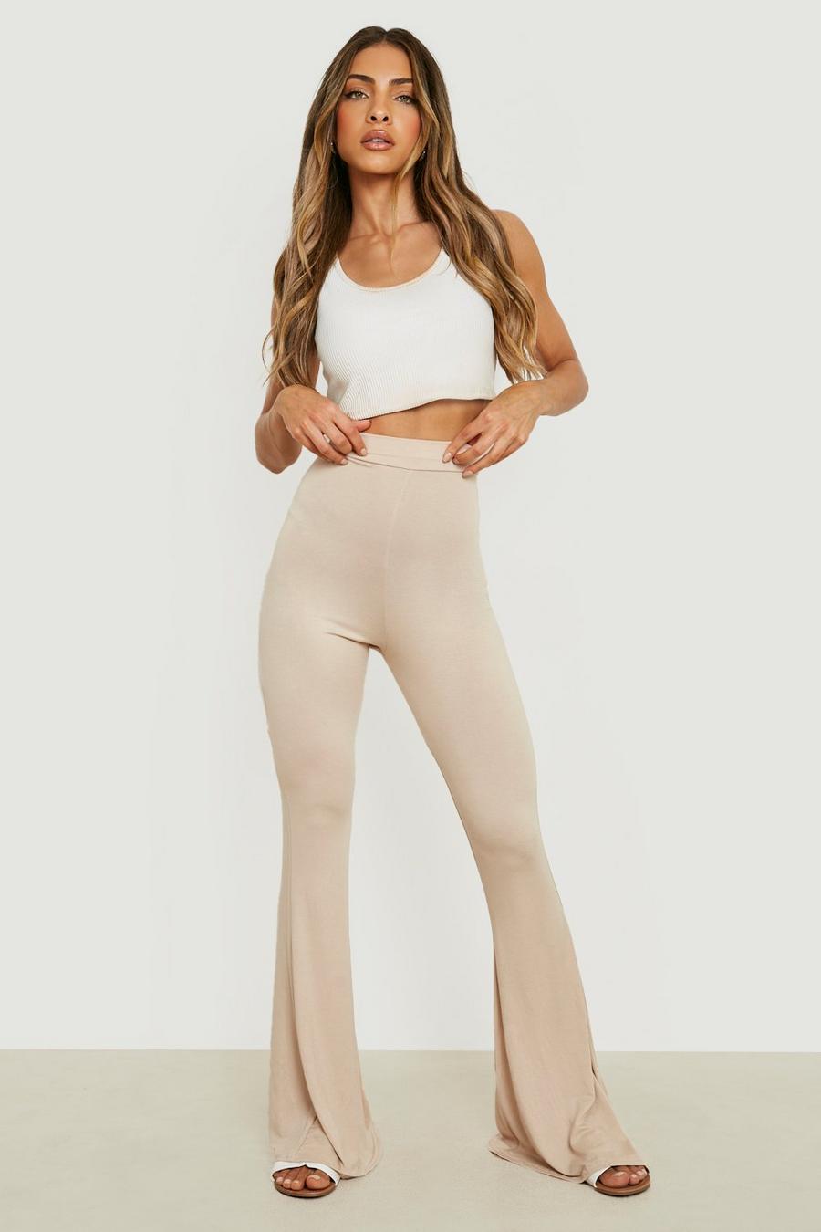 Beige Basic High Waisted Jersey Flared Trousers image number 1