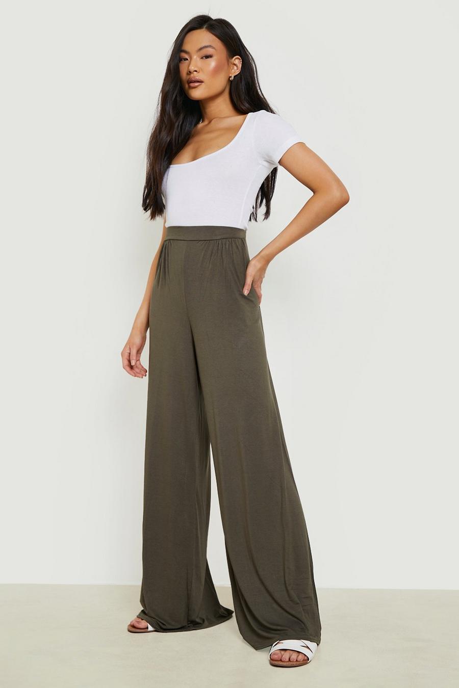 Pantalones básicos de pernera ancha con alforzas, Khaki image number 1