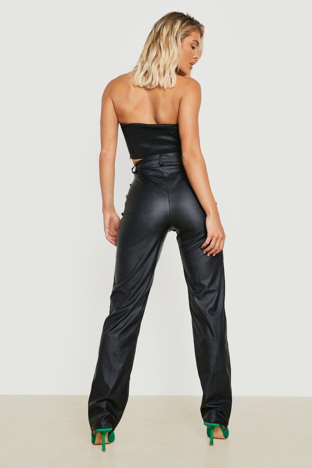 Zip Front High Waist Leather Look Pants, Boohoo