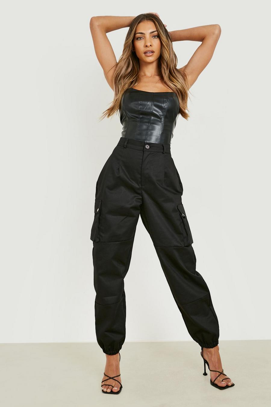 Black High Waist Woven Pocket Cargo Trousers image number 1