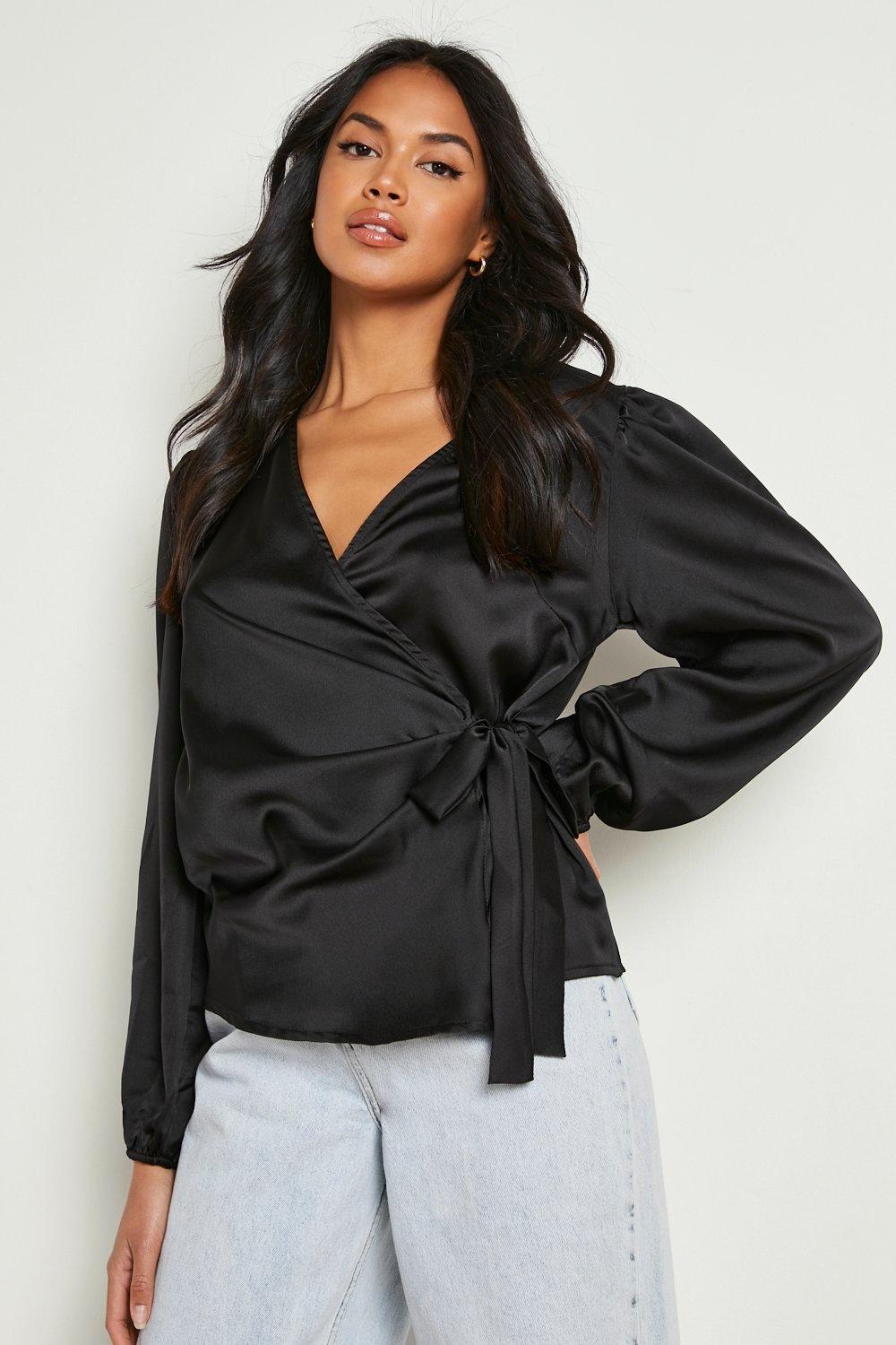 Black Satin Tie Side Blouse