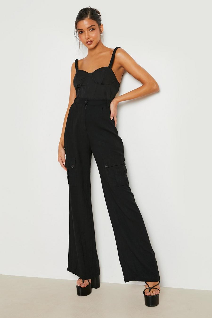 Black Slouchy Wide Leg Linen Cargo Trousers image number 1