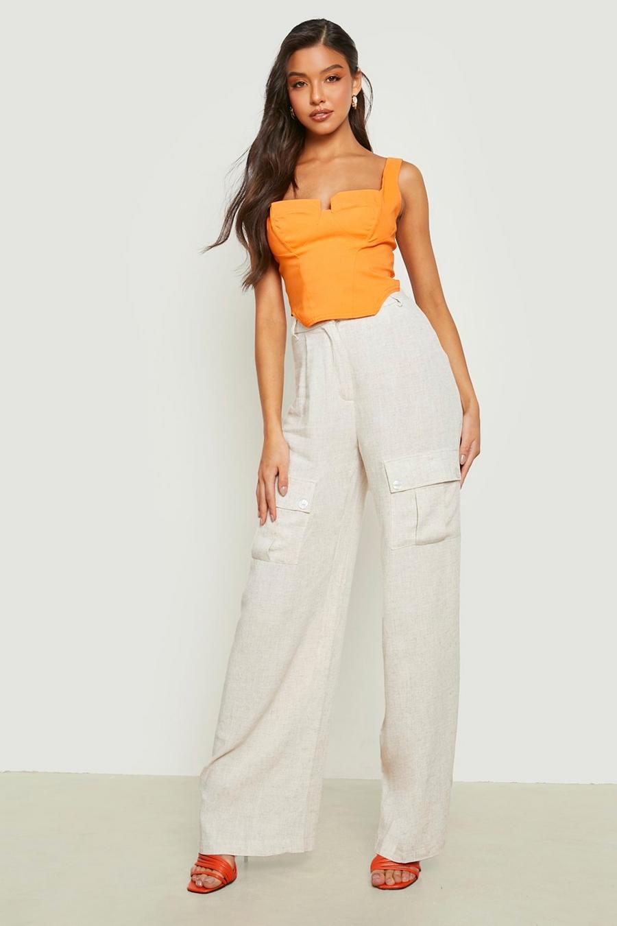 Stone Slouchy Wide Leg Linen Cargo Trousers image number 1