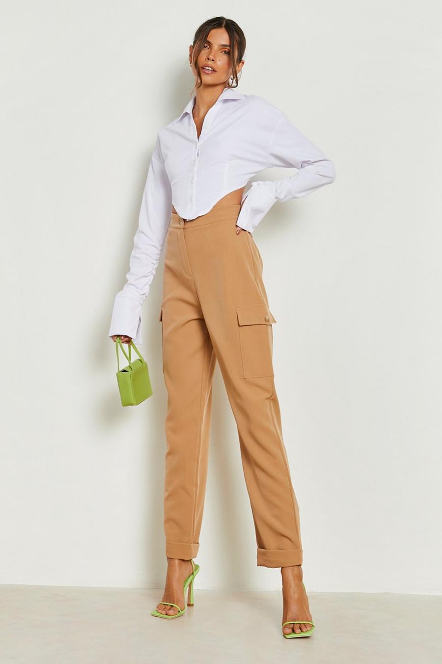 Camel beis Pocket Detail Turn Up Cargo Trousers 