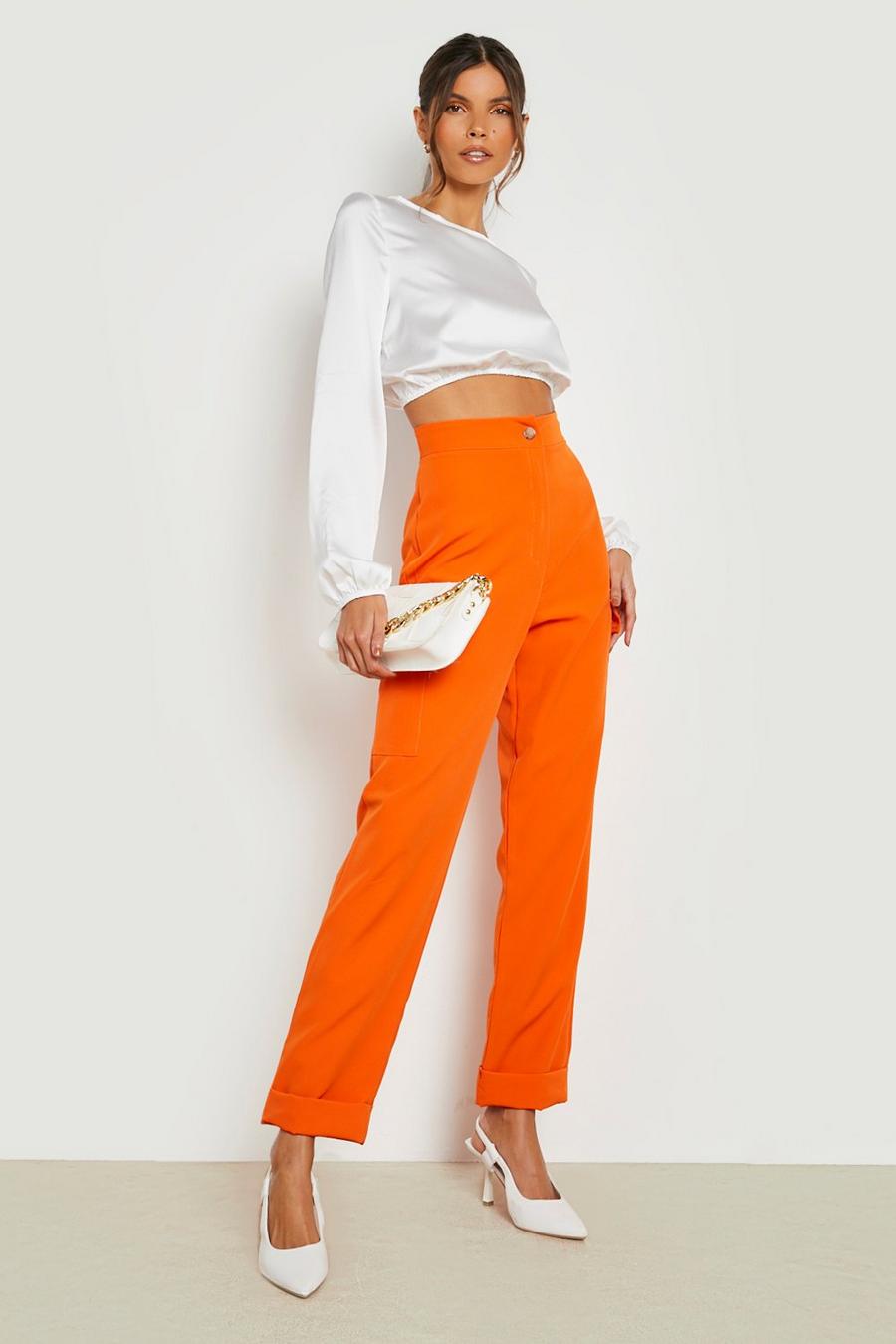 Orange Pocket Detail Turn Up Cargo Pants image number 1