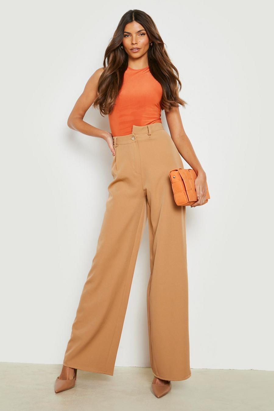 Camel Asymetric Button Wide Leg Relaxed Pants image number 1