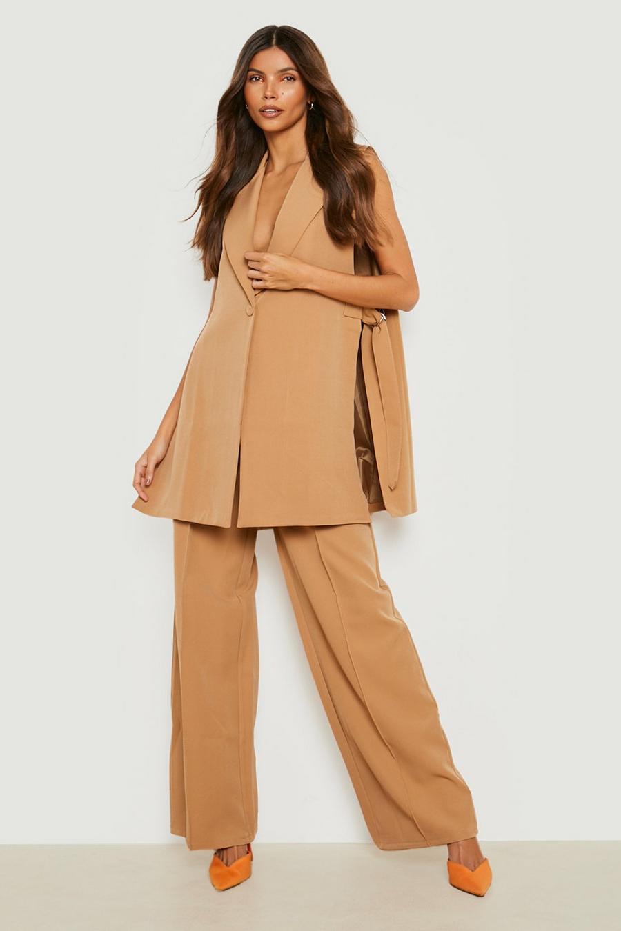 Camel Pintuck Wide Leg Relaxed Fit Tailored Trouser image number 1
