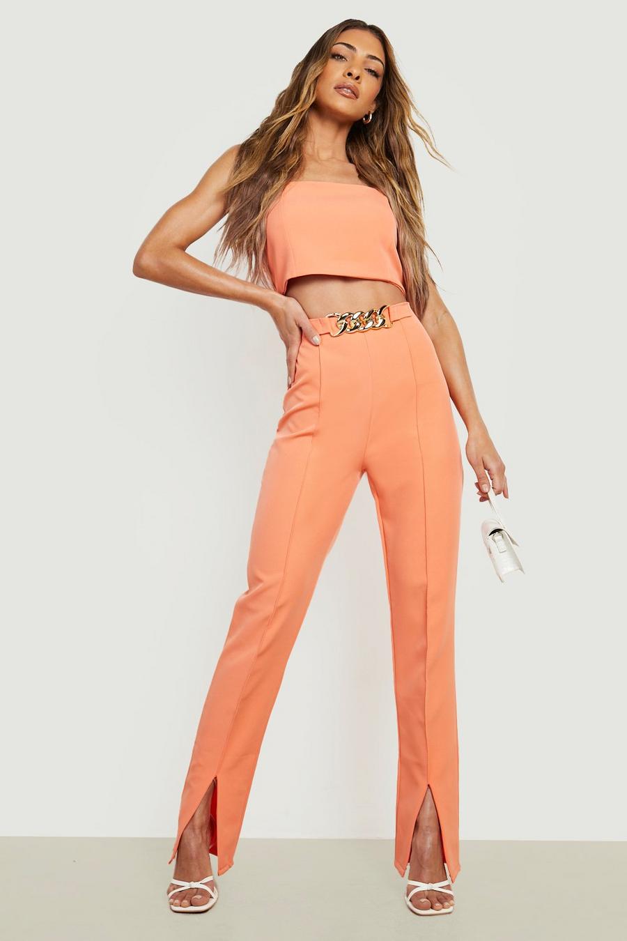 Peach orange Chain Detail Split Leg Slim Fit Trousers 