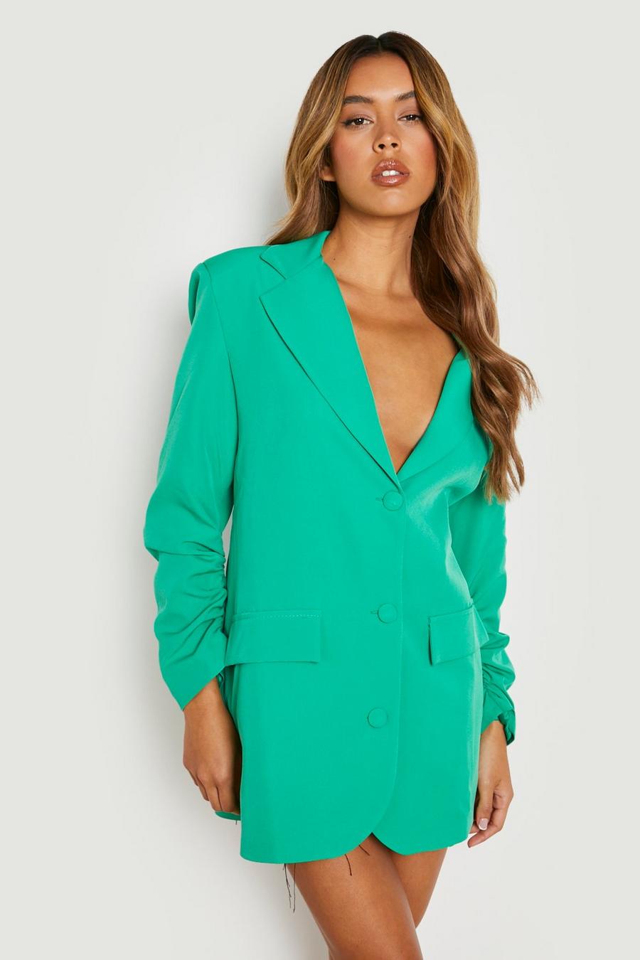 Bright green Ruched Sleeve Relaxed Fit Blazer