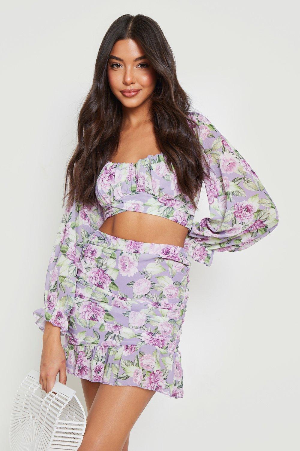 Chiffon Floral Puff Sleeve Crop & Mini Skirt