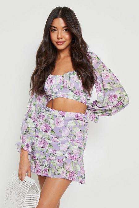 boohoo.com | Chiffon Floral Puff Sleeve Crop & Mini Skirt