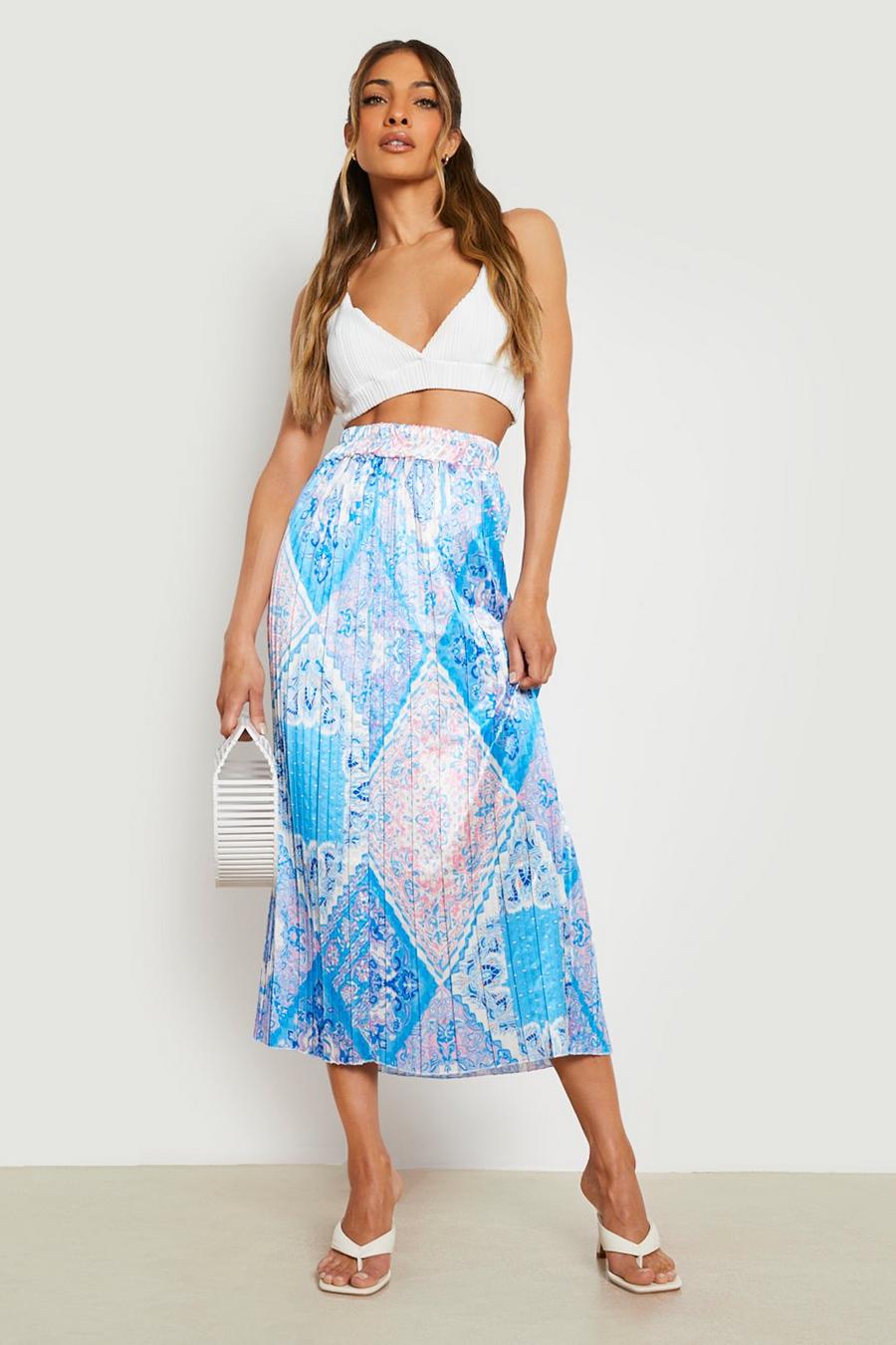 Azure Scarf Print Satin Pleated Midi Skirt image number 1