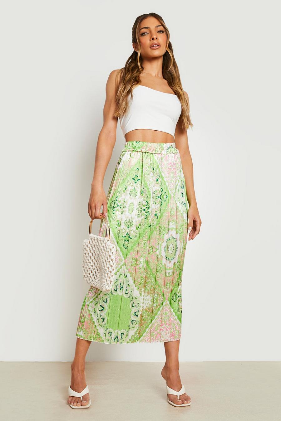 Lime Scarf Print Satin Pleated Midi Skirt image number 1