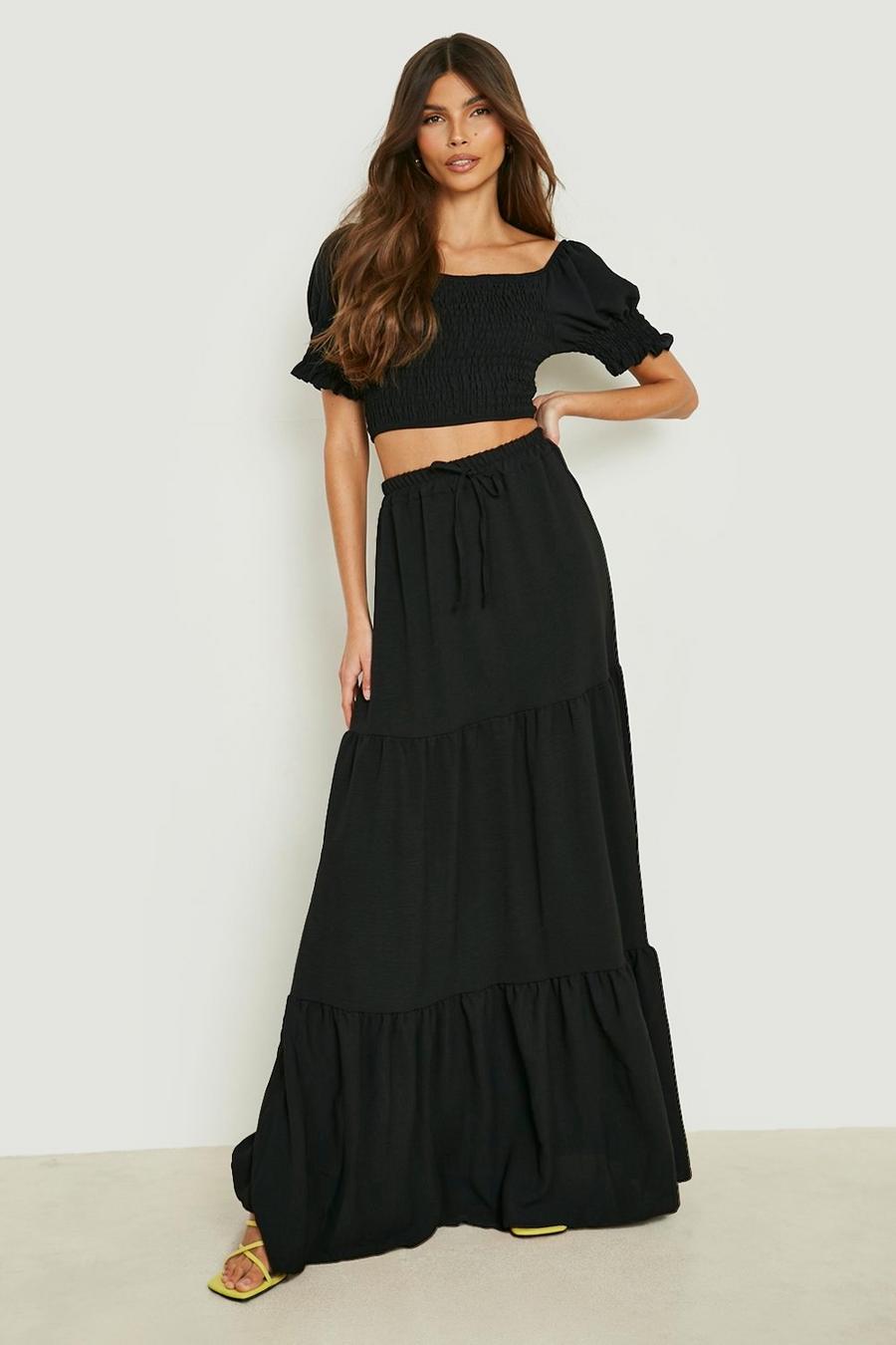 Black Shirred Puff Sleeve Top & Tired Maxi Skirt image number 1