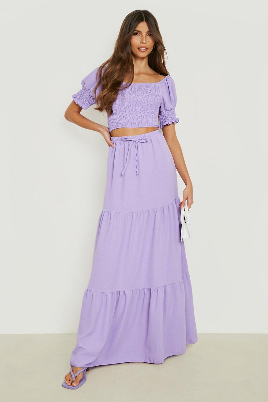 Lilac purple Shirred Puff Sleeve Top & Tired Maxi Skirt