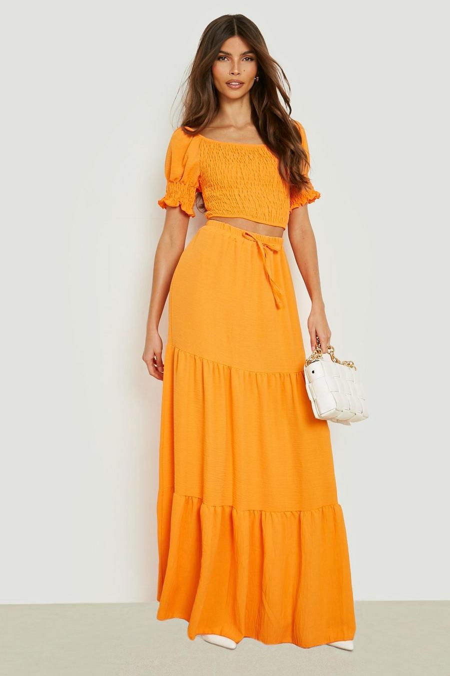 Orange Shirred Puff Sleeve Top & Tired Maxi Skirt image number 1