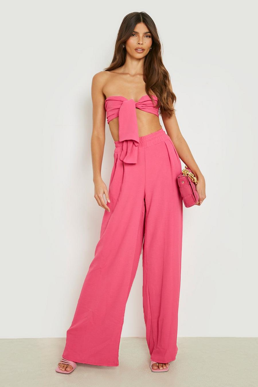 Hot pink Textured Knot Bralette & Wide Leg Trousers image number 1