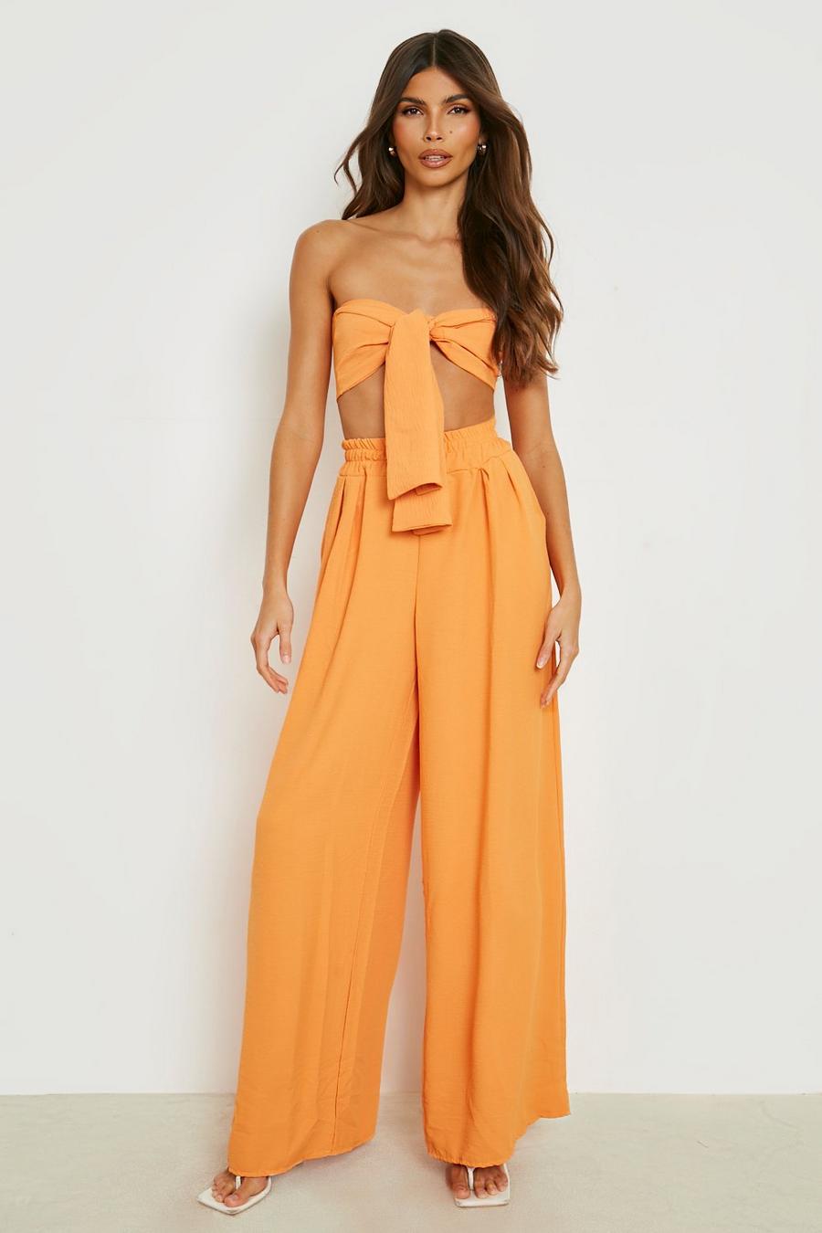 Orange Textured Knot Bralette & Wide Leg Trousers image number 1