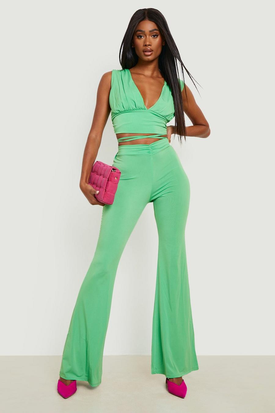 Bright green Ruched Plunge Crop & Flared Tie Waist Pants image number 1