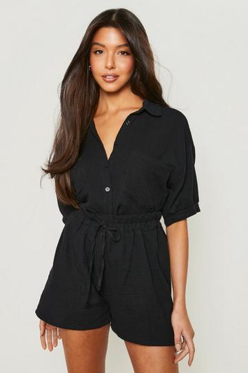 Black Crinkle Crop Shirt & Shorts Set