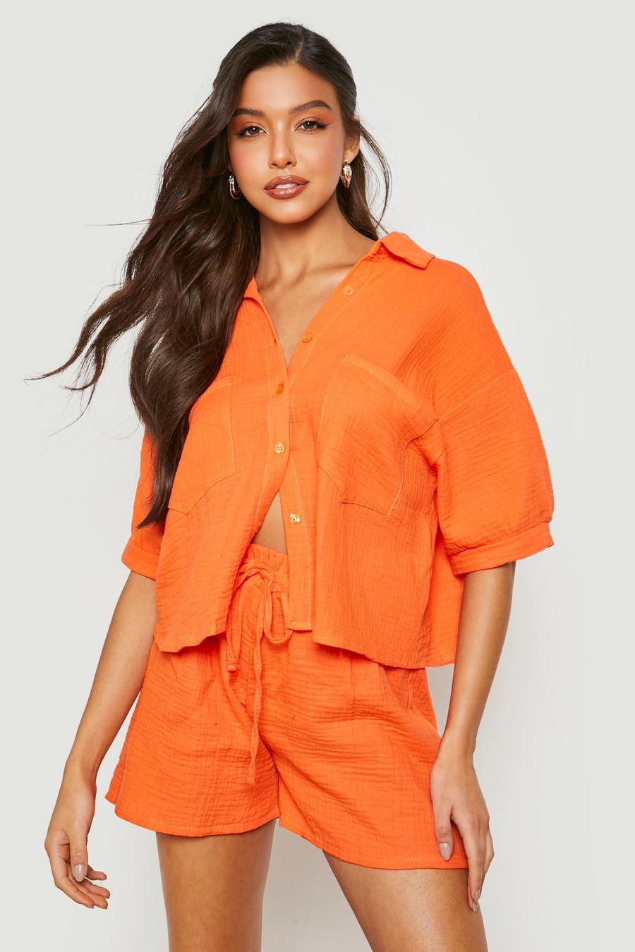 Orange Crinkle Crop Shirt & Shorts Set image number 1