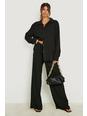 Black Crinkle Relaxed Fit Wide Leg Pants