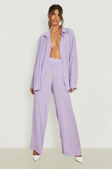Lilac Purple Crinkle Relaxed Fit Wide Leg Trousers