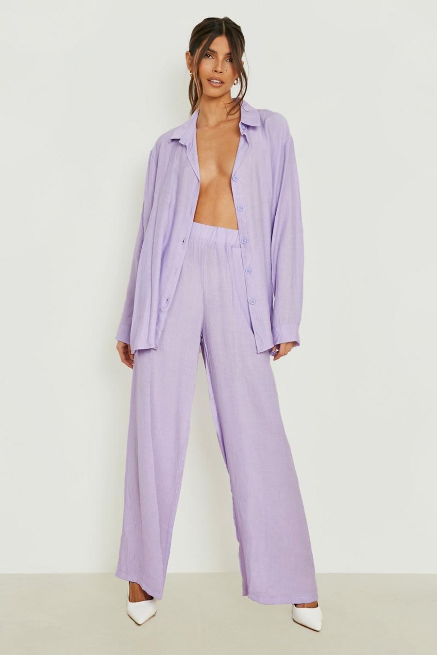 Lilac Crinkle Relaxed Fit Wide Leg Trousers image number 1