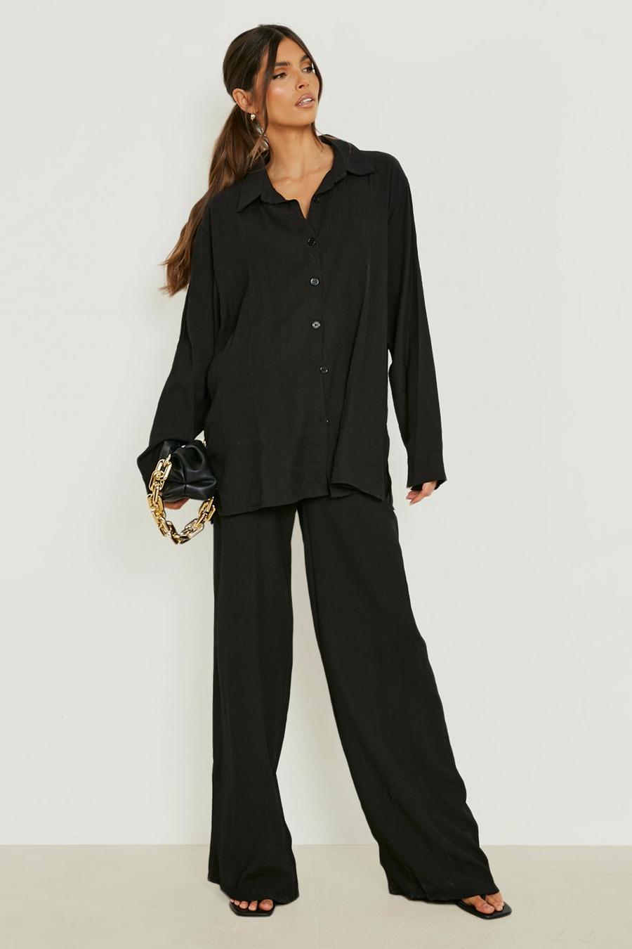 Black Crinkle Relaxed Fit Linen Look Shirt