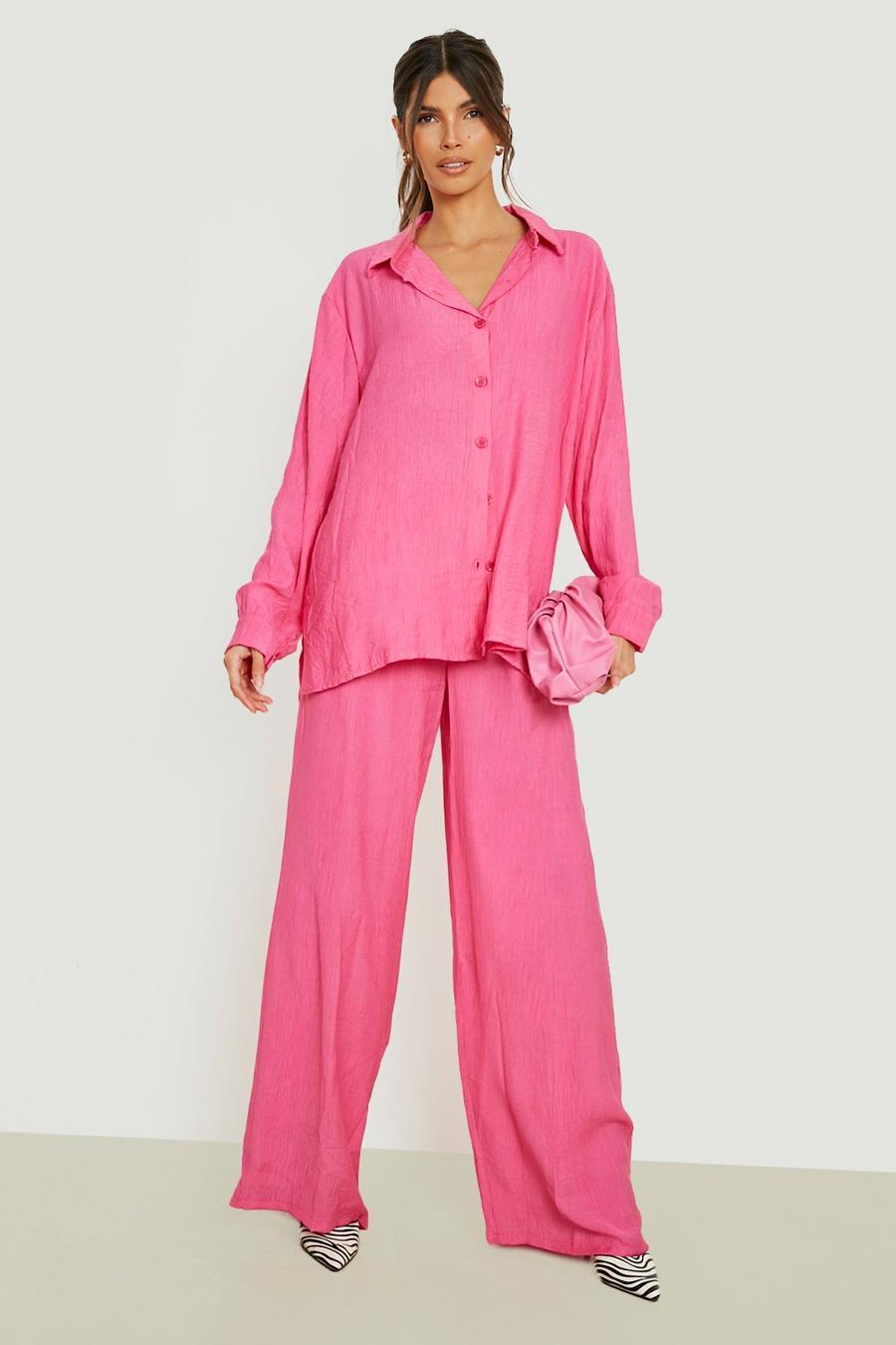 Hot pink rosa Crinkle Relaxed Fit Linen Look Shirt 