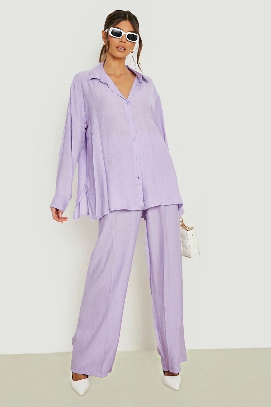 Lilac morado Crinkle Relaxed Fit Linen Look Shirt  image number 1