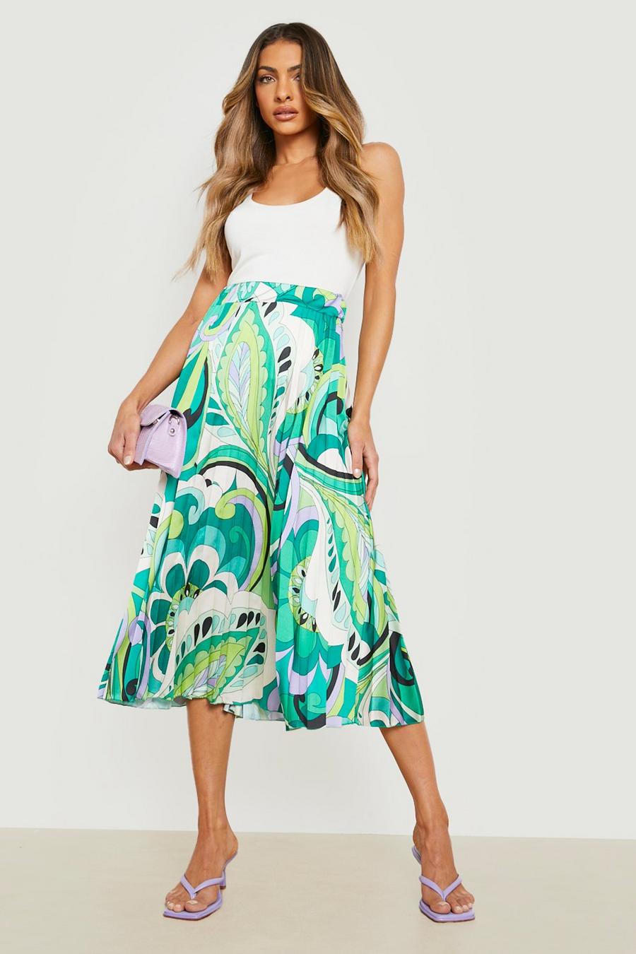Lime green Abstract Print Satin Pleated Midi Skirt image number 1