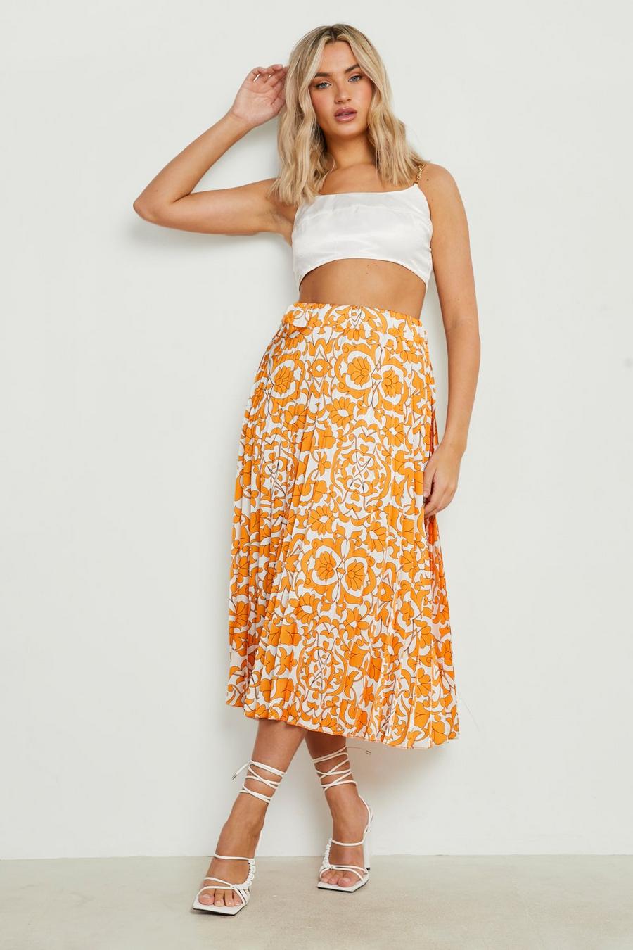 Orange Porcelain Print Satin Pleated Midi Skirt 