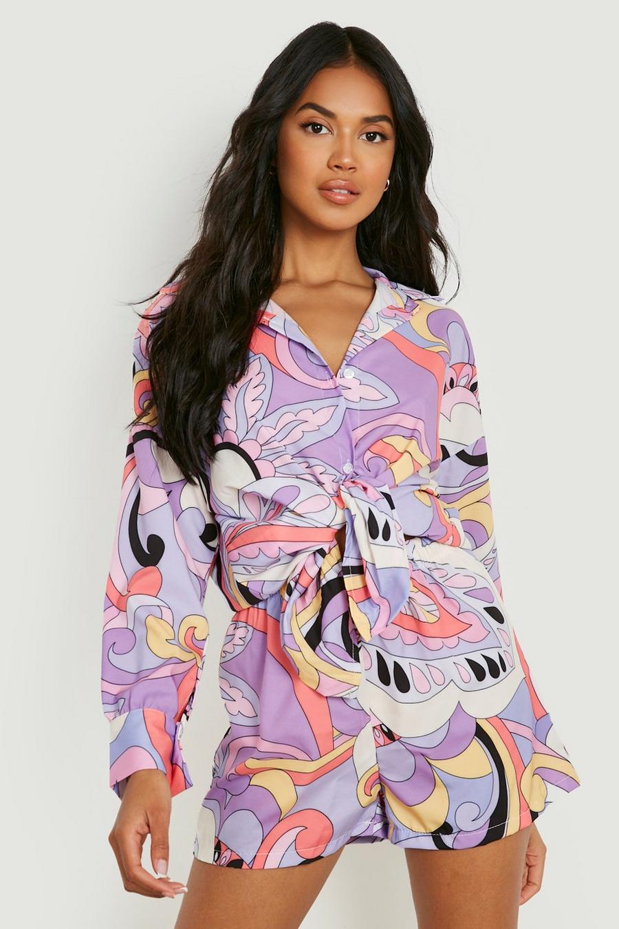 Lilac Abstract Print Tie Front Shirt & Shorts image number 1