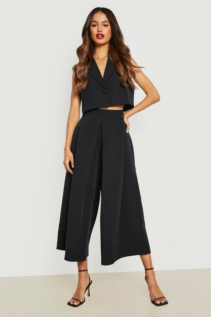 Black Pleat Front Wide Leg Tailored Culottes image number 1