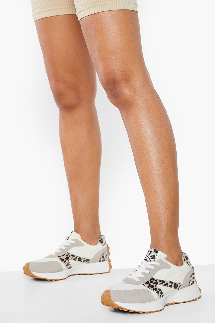 Zapatillas deportivas con panel de leopardo, Stone beige