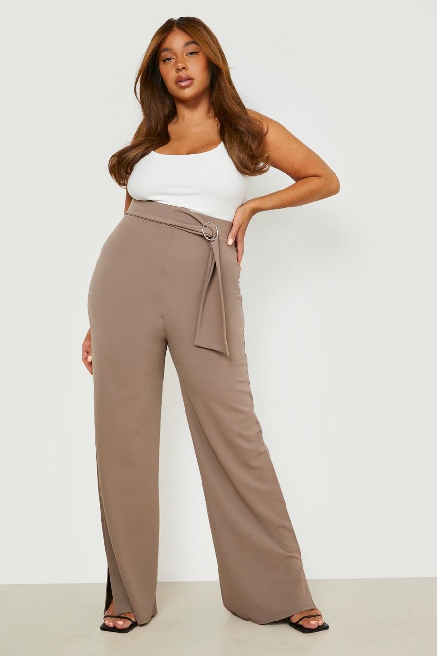 Taupe Plus Belted Straight Split Leg Crepe Trousers image number 1