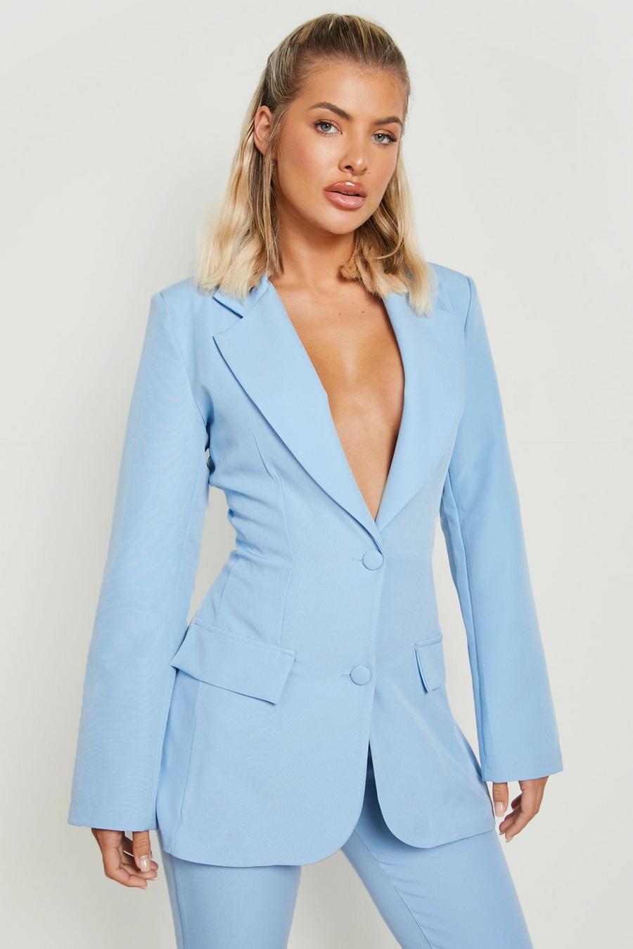 Powder blue Lace Up Back Tailored Fitted Blazer image number 1