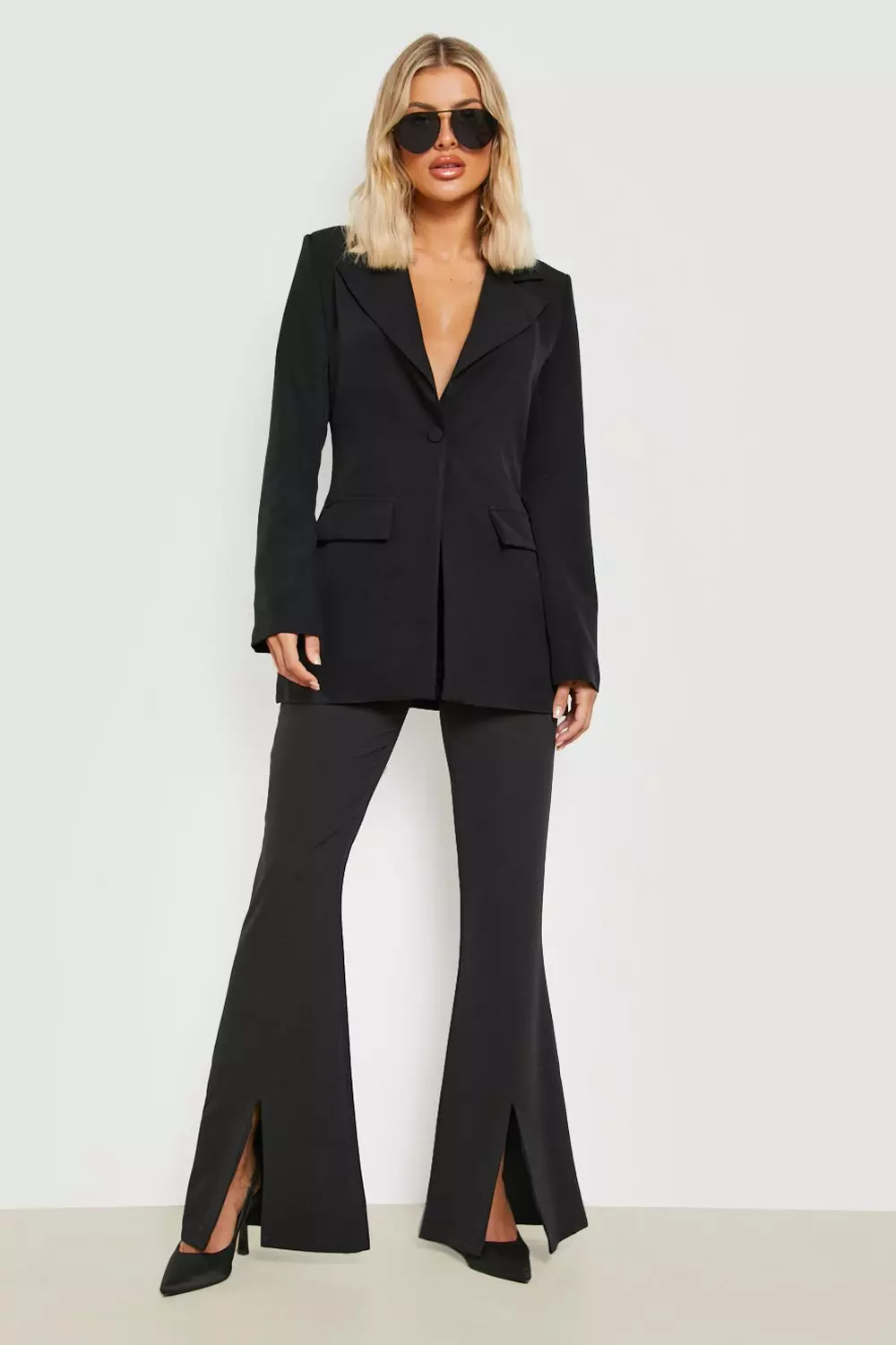 Black Split Front Flared Tailored Trousers  alternative image