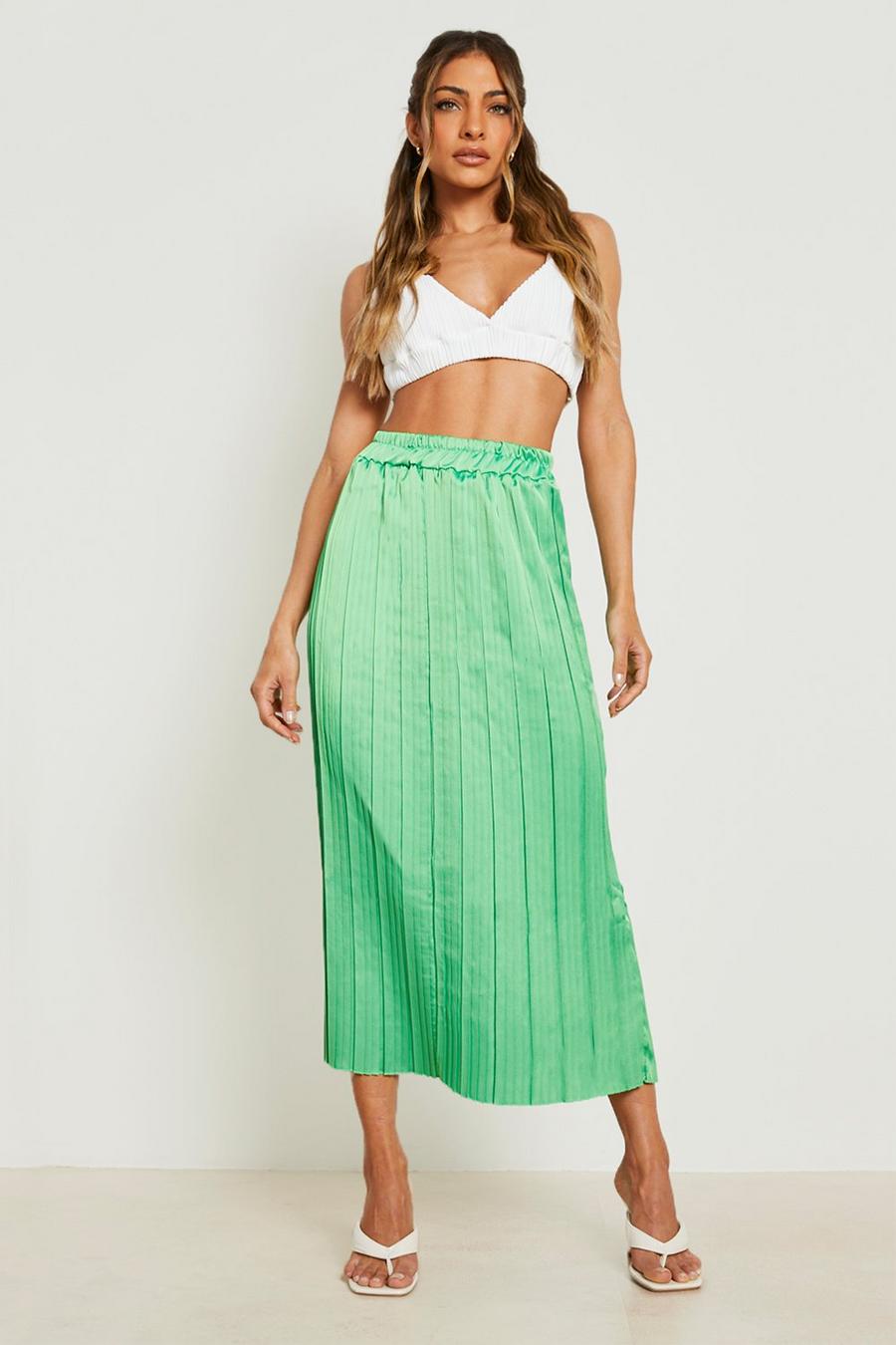Bright green Satin Pleated Midi Skirt image number 1