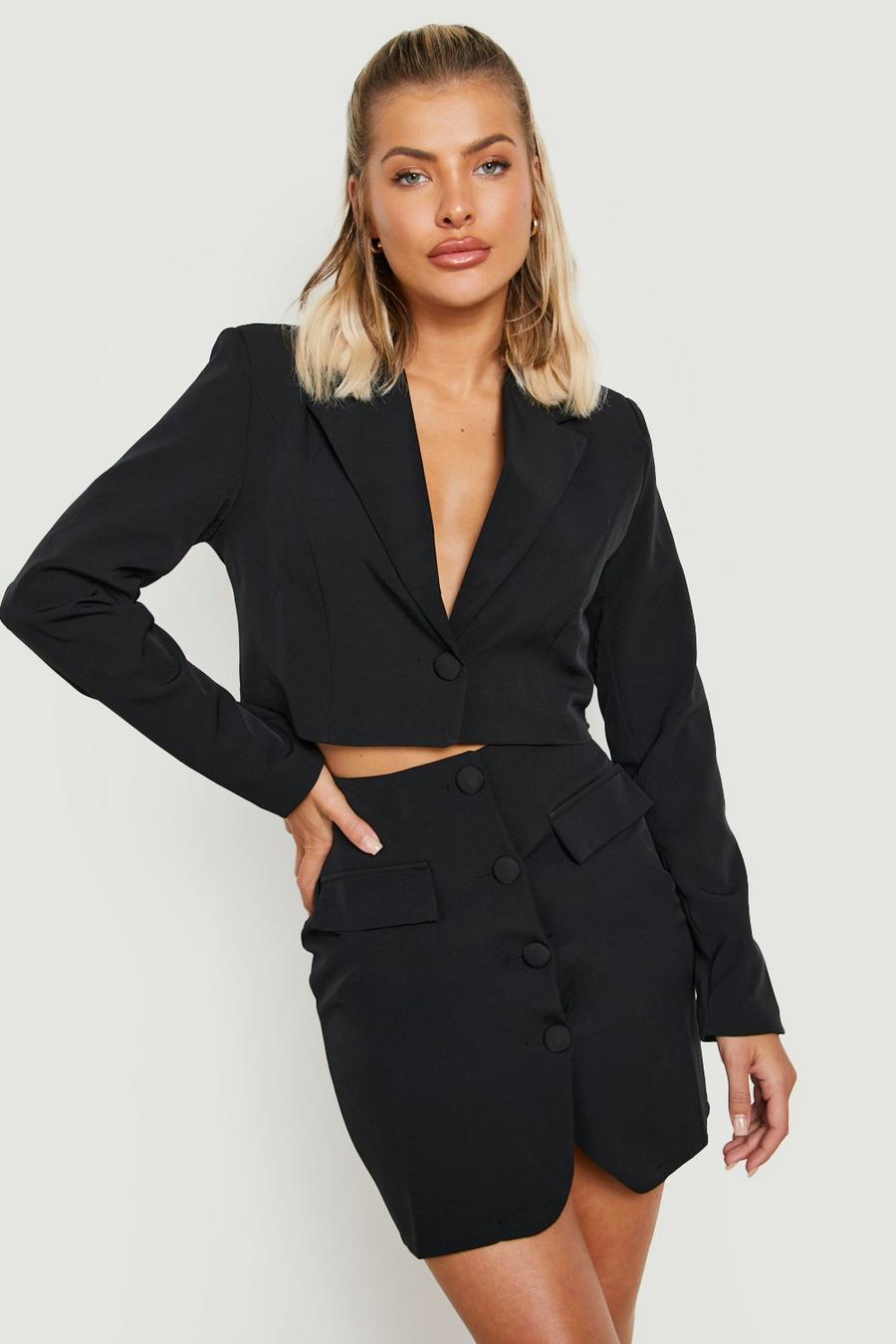 Black Cropped Fitted Tailored Blazer image number 1
