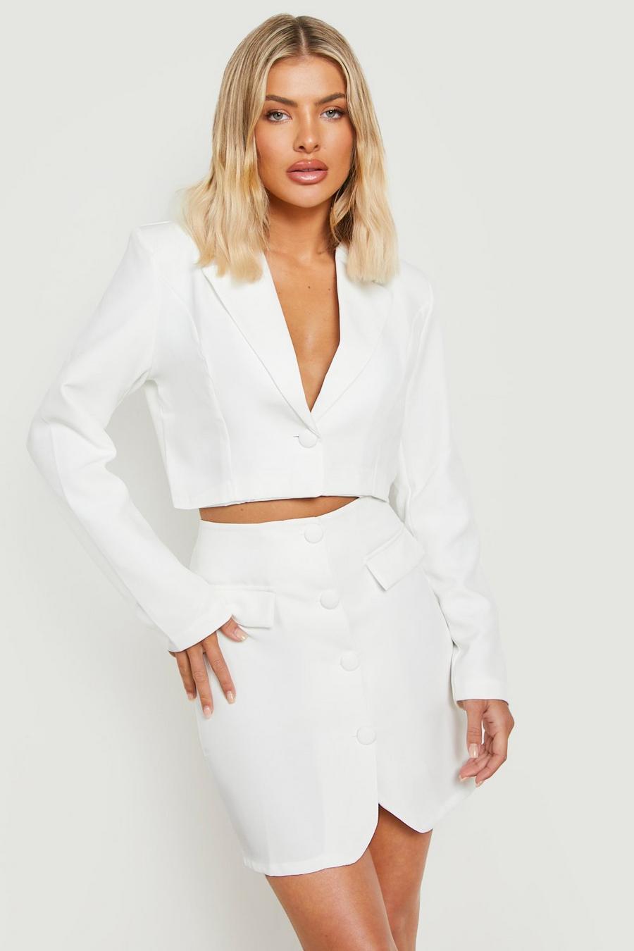 Ivory Cropped Fitted Tailored Blazer image number 1