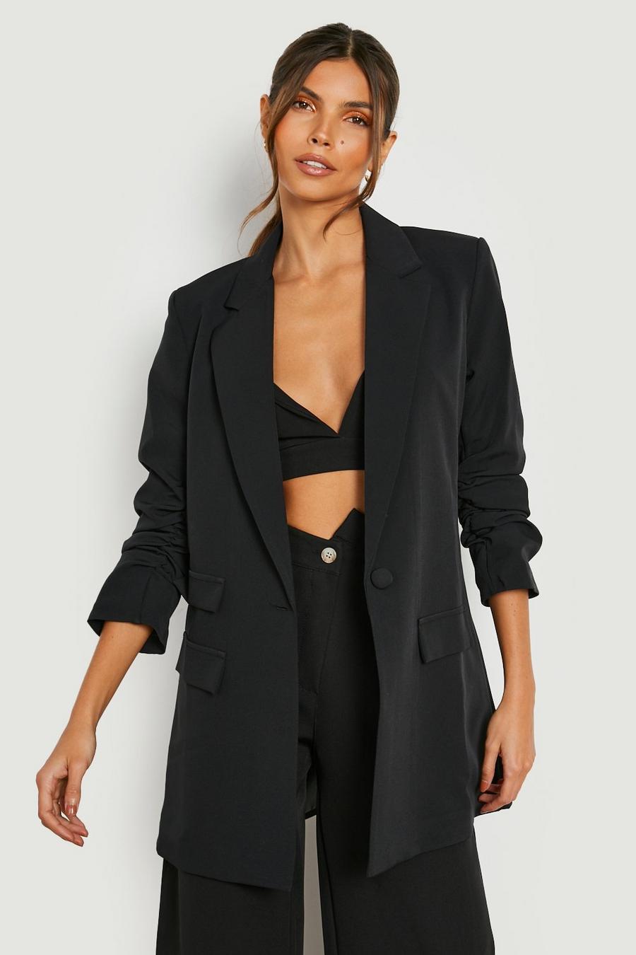 Black Ruched Sleeve Double Breasted Blazer