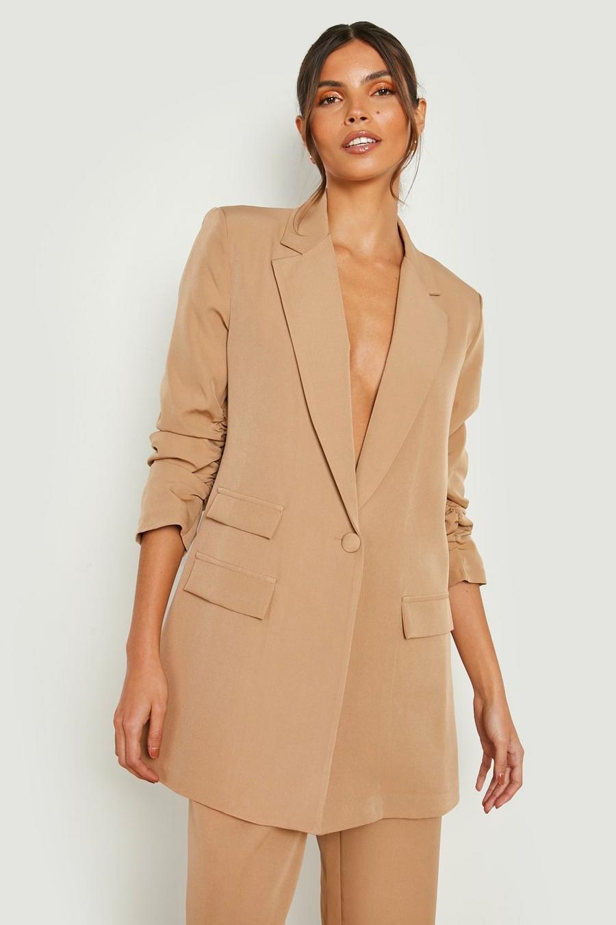 Camel Ruched Sleeve Double Breasted Blazer image number 1