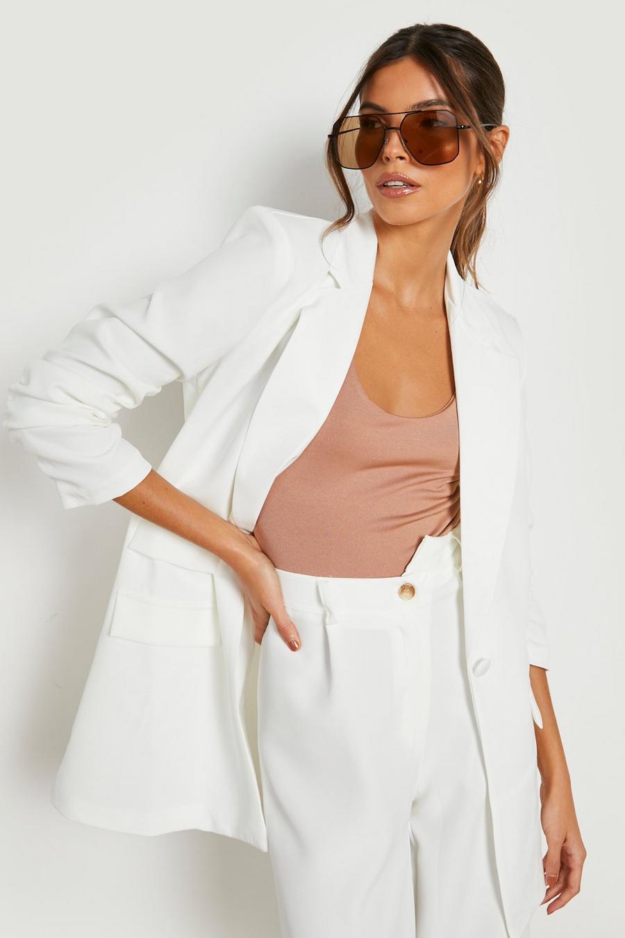 Ivory white Ruched Sleeve Double Breasted Blazer