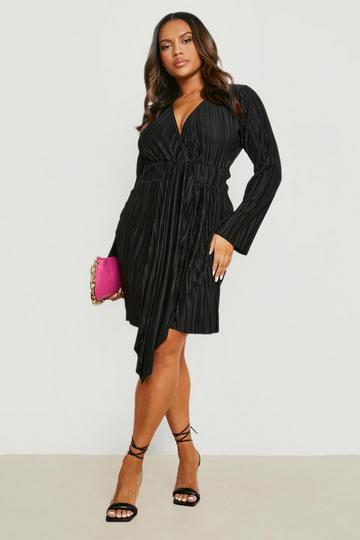 Black Plus Plisse Drape Wrap Dress