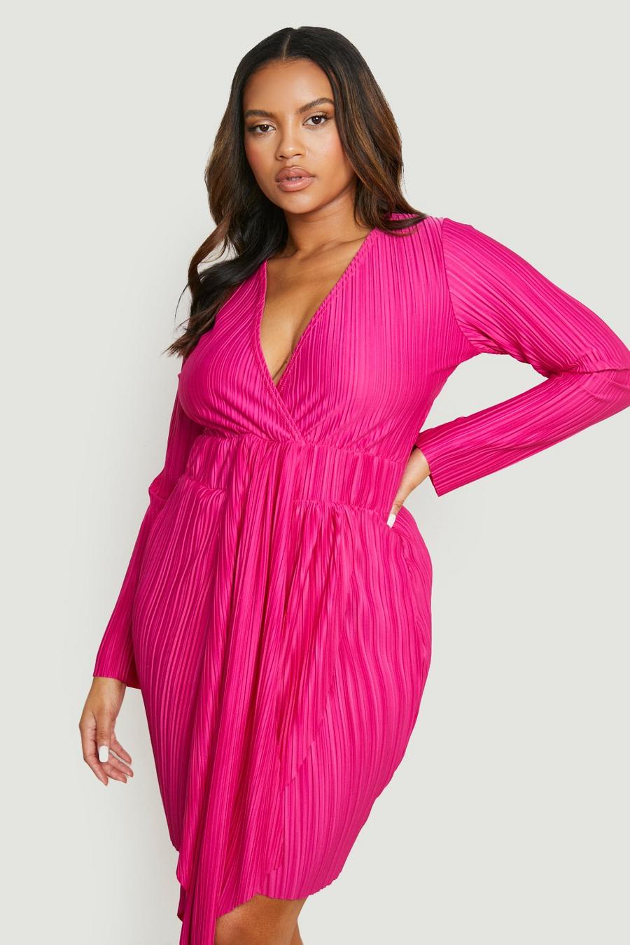 Hot pink שמלת מעטפת פליסה עם אפקט וילון, מידות גדולות image number 1