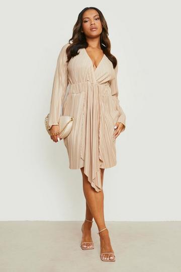 Stone Beige Plus Plisse Drape Wrap Dress